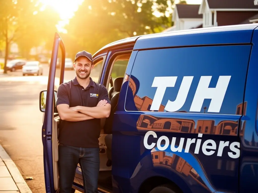 An owner driver in their own van, branded with TJH Couriers logos, ready to start their delivery route.