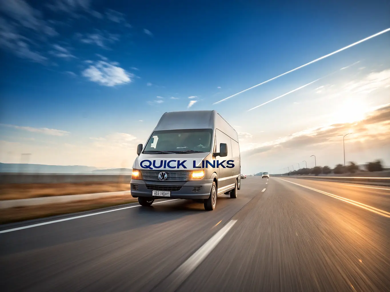 A TJH Couriers van speeding through a city street, emphasizing the speed and efficiency of the same-day delivery service.