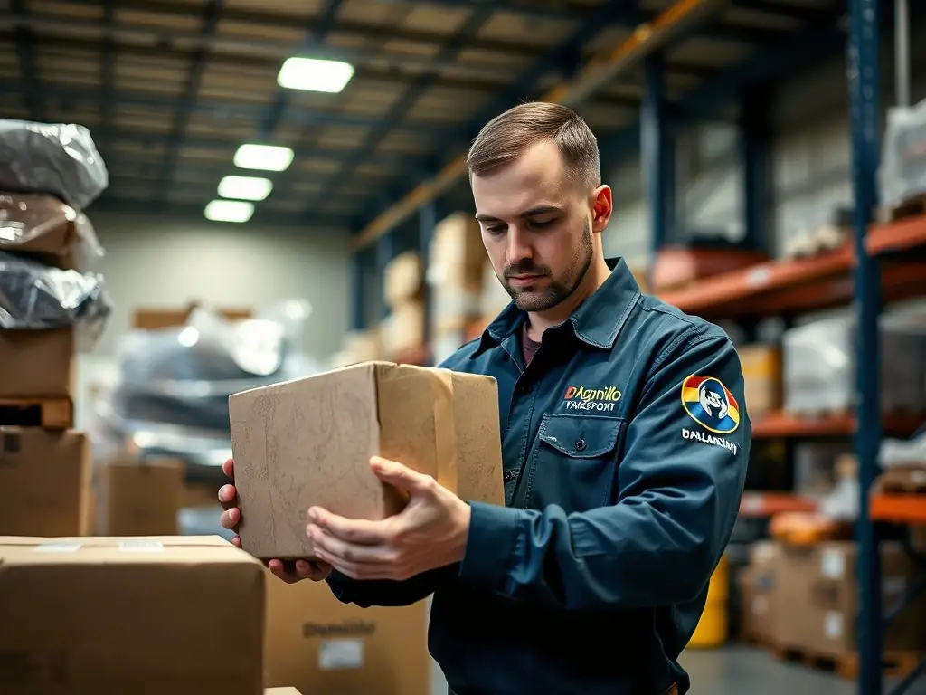 A TJH Couriers employee carefully handling a fragile package, emphasizing the care and attention given to all deliveries.