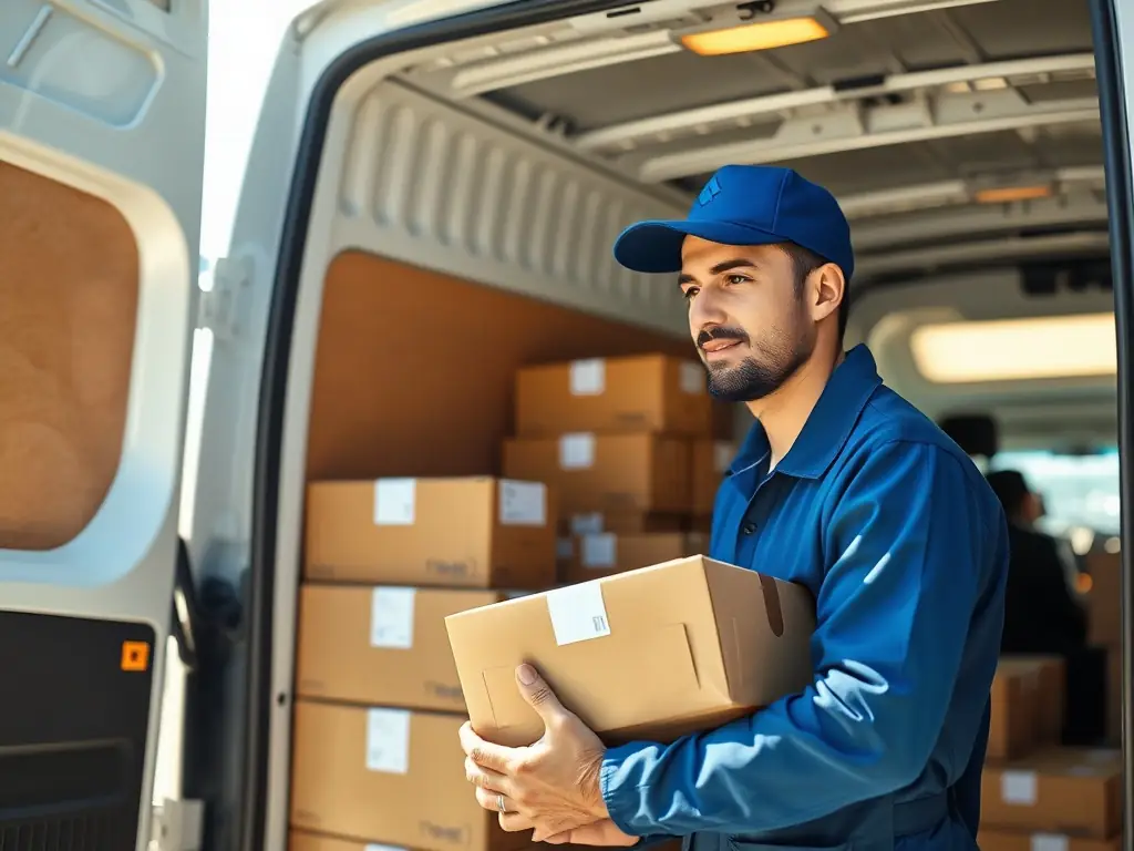 A delivery driver in a TJH Couriers uniform carefully loading packages into a van, showcasing the start of a typical delivery route.